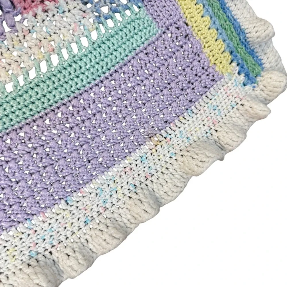Handmade Vintage Patchwork Crochet Baby‎ Blanket Pastel Multicolor Ruffle Trim